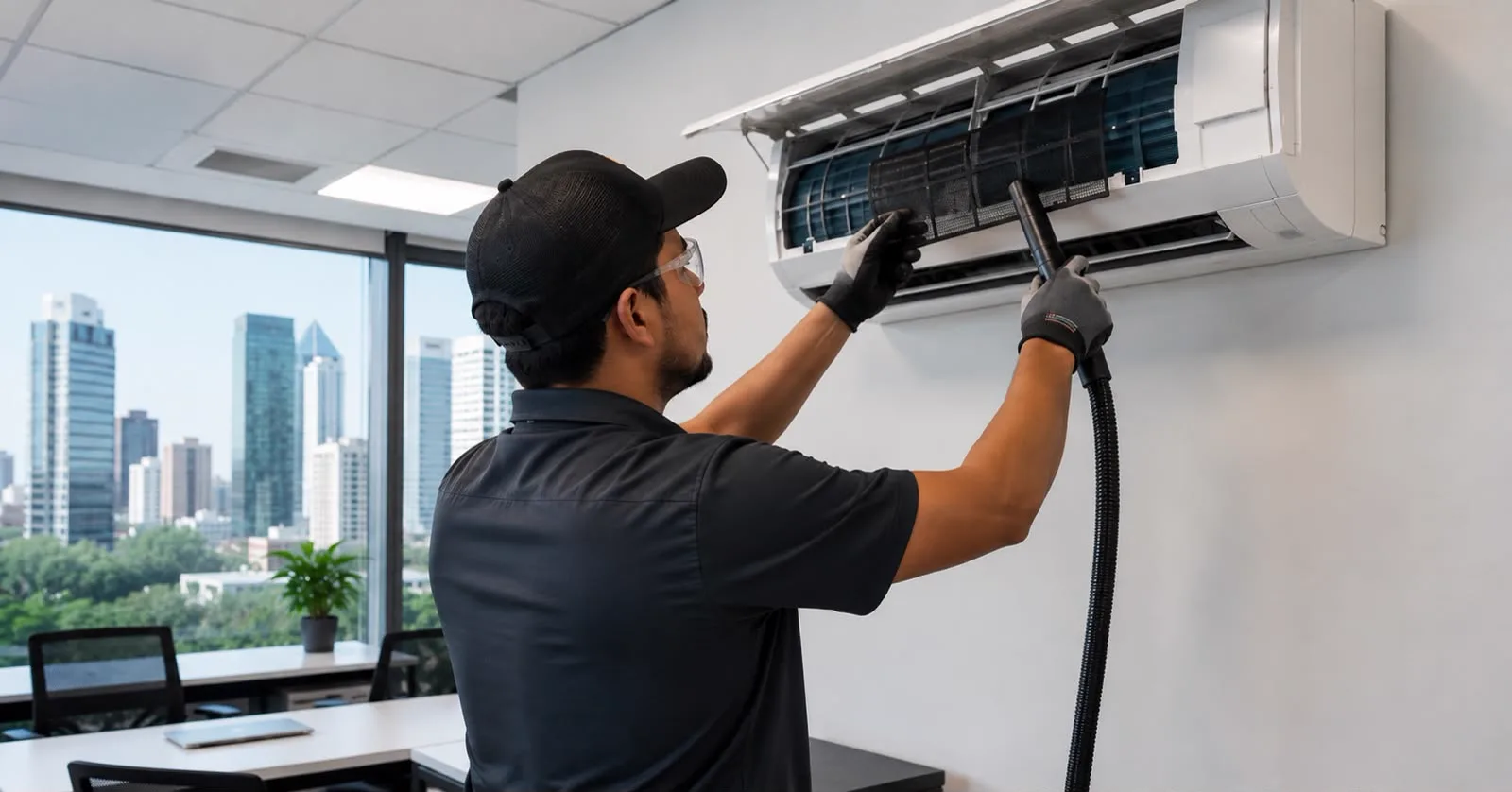 Técnico dando mantenimiento a un minisplit en un espacio interior