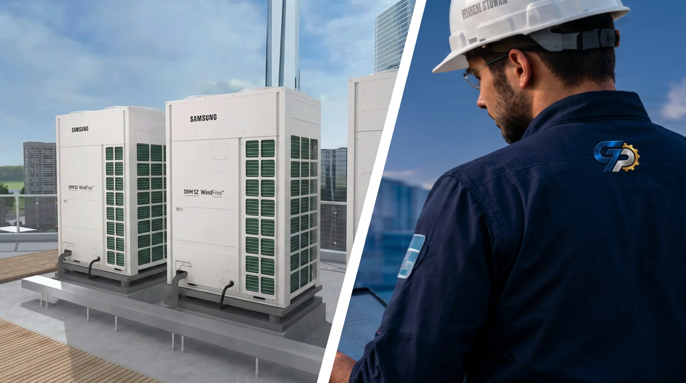 Equipos HVAC Samsung y técnico de GAPSA con uniforme bordado en sitio
